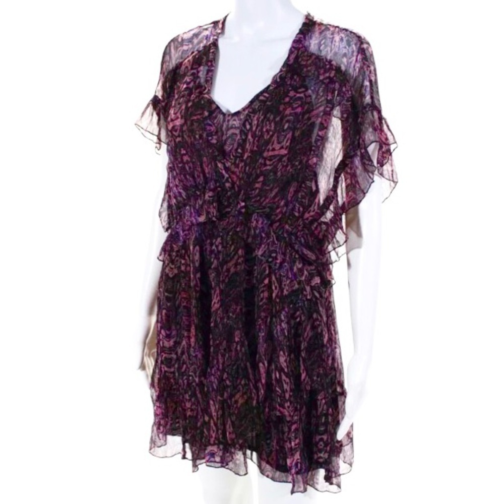 IRO Gilio Dress Size 4 Black Pink Purple Abstract Print Ruffle